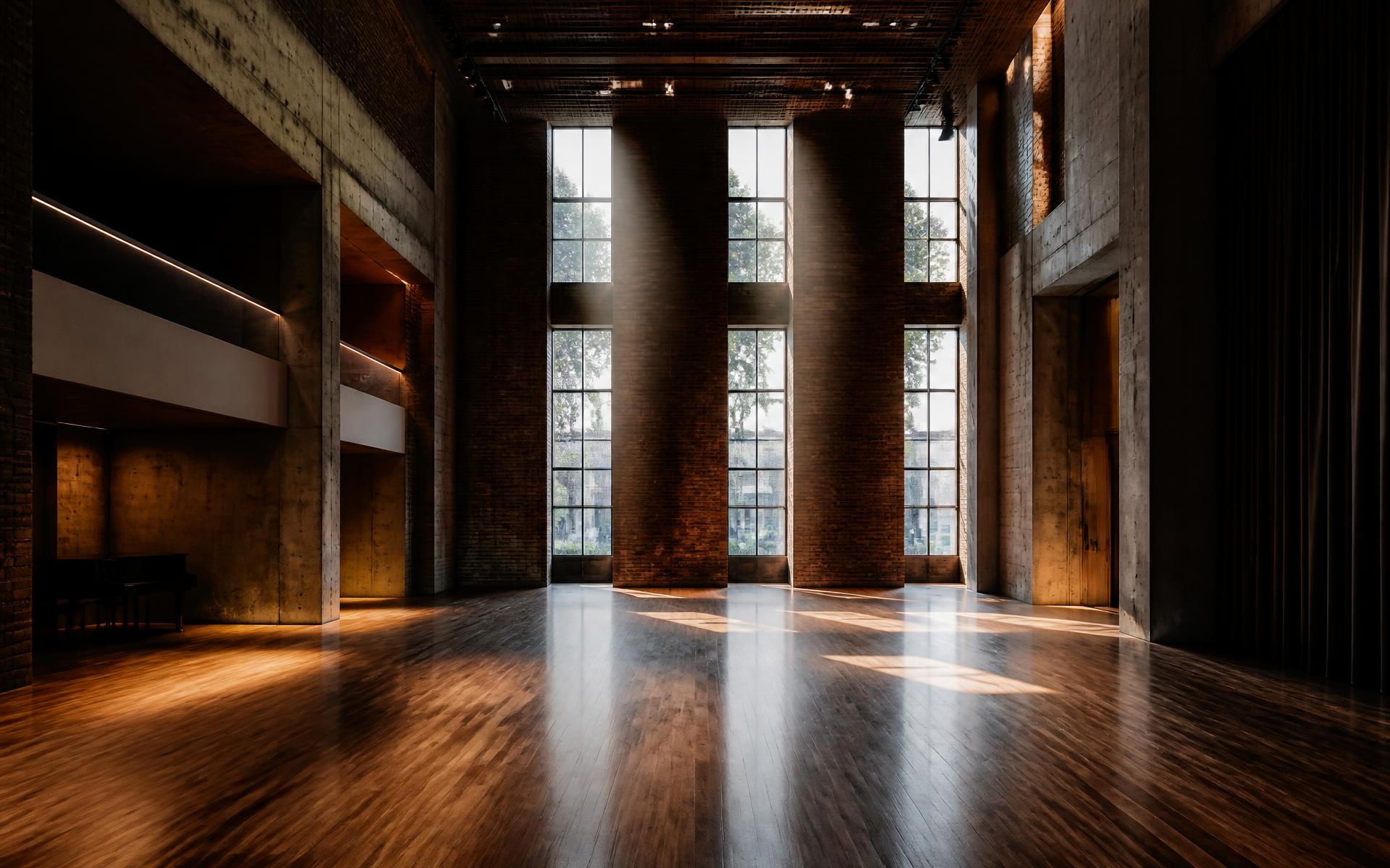 Sala ampla do Instituto Brasileiro de Teatro com pé-direito alto e luz natural